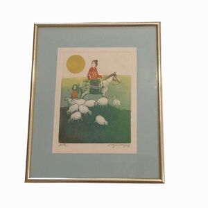 VNT Art Framed and Matted Print with Pastoral Scene, Woman and Sheep -